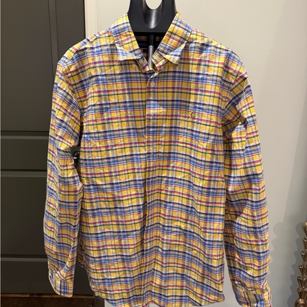 Ralph Lauren Yellow and Blue Plaid Button Down Shirt Size XL